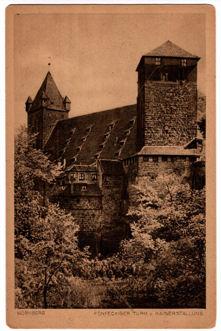 1920s Nuremberg Germany Vintage Postcard, Five Cornered Tower, Imperial Stables.