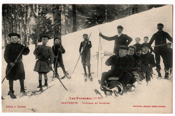 1910 Les Pyrénées Cauterets Toboggan and Skiers Vintage Postcard.