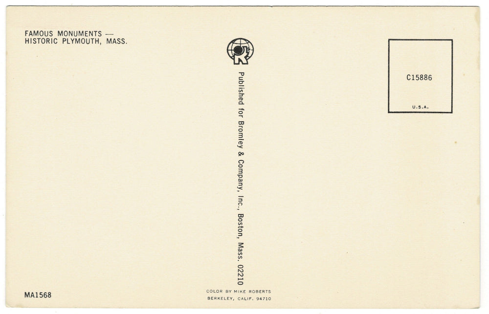 1960s Plymouth Massachusetts Monuments Vintage Postcard, back.