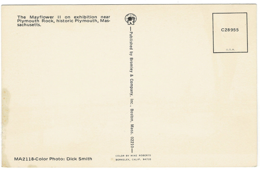 1960s Ship Mayflower II Plymouth Harbor Massachusetts Vintage Postcard, back view.