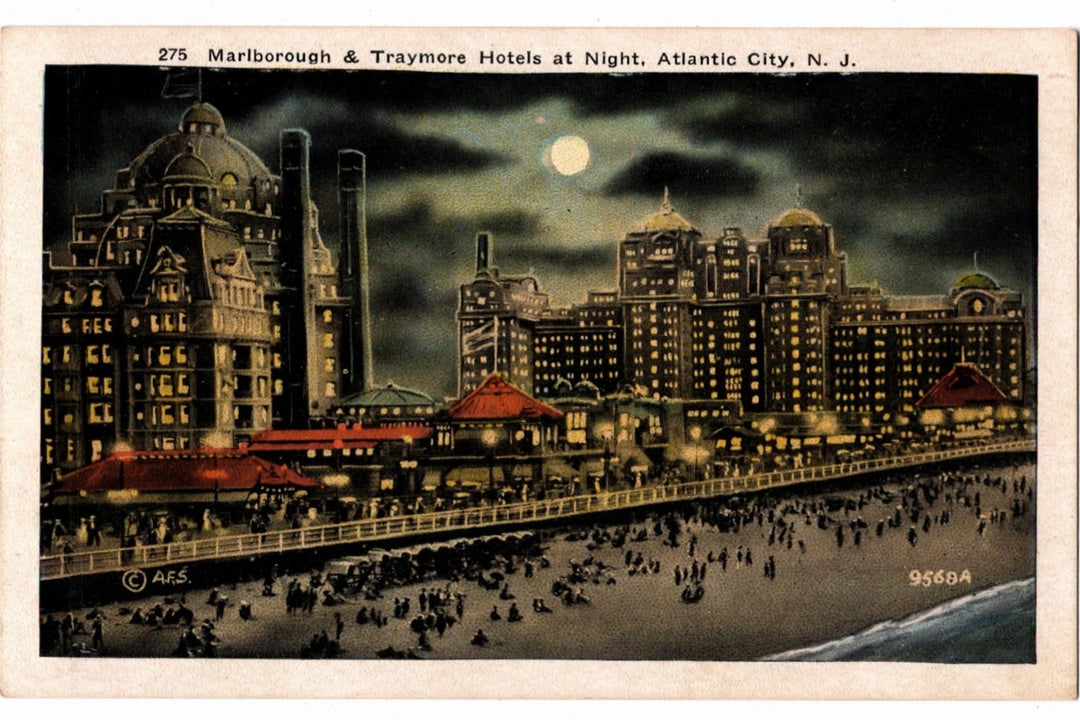 Vintage postcard of Marlborough & Traymore Hotels at Night, Atlantic City, N.J.