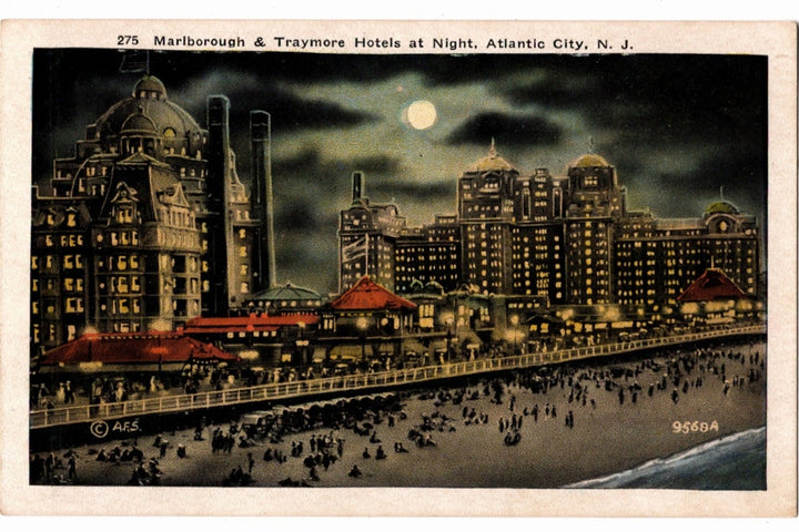 Vintage postcard of Marlborough & Traymore Hotels at Night, Atlantic City, N.J.
