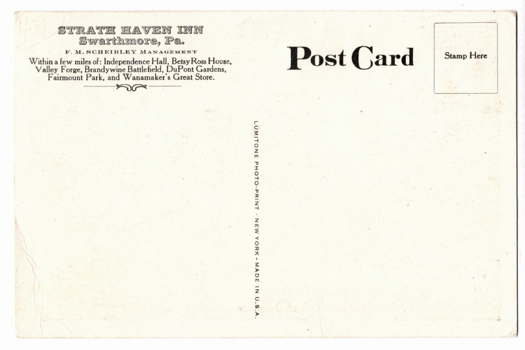 1928 Strath Haven Inn Swarthmore Pennsylvania Vintage Postcard