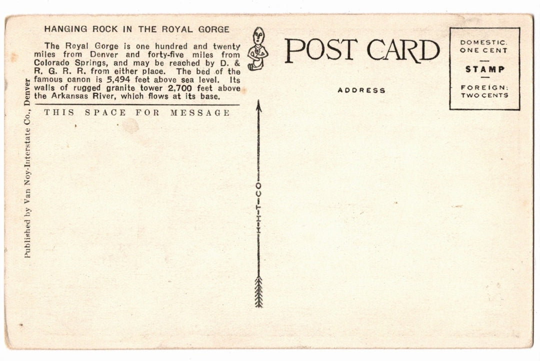 1920 Hanging Rock in the Royal Gorge Colorado Vintage Postcard
