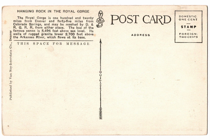 1920 Hanging Rock in the Royal Gorge Colorado Vintage Postcard