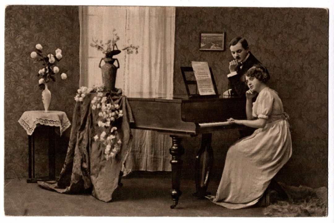 1910s Romantic Musical Couple at Piano Vintage Postcard.