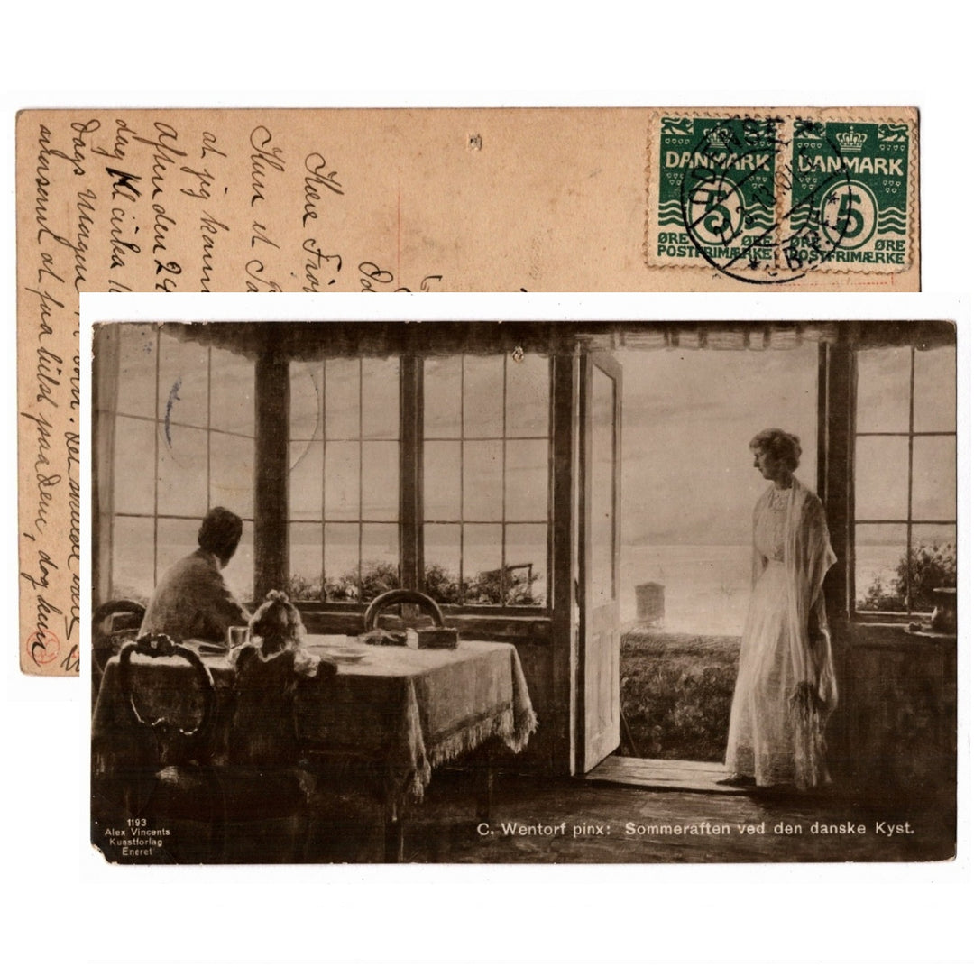 Vintage postcard with a couple by a window overlooking a landscape, featuring a Danish stamp. 1913 Summer Evening by Danish Coast by Wentorf Vintage Art Postcard