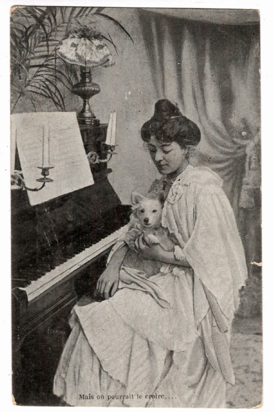  1904 Lady at the Piano with Dog Vintage Postcard.