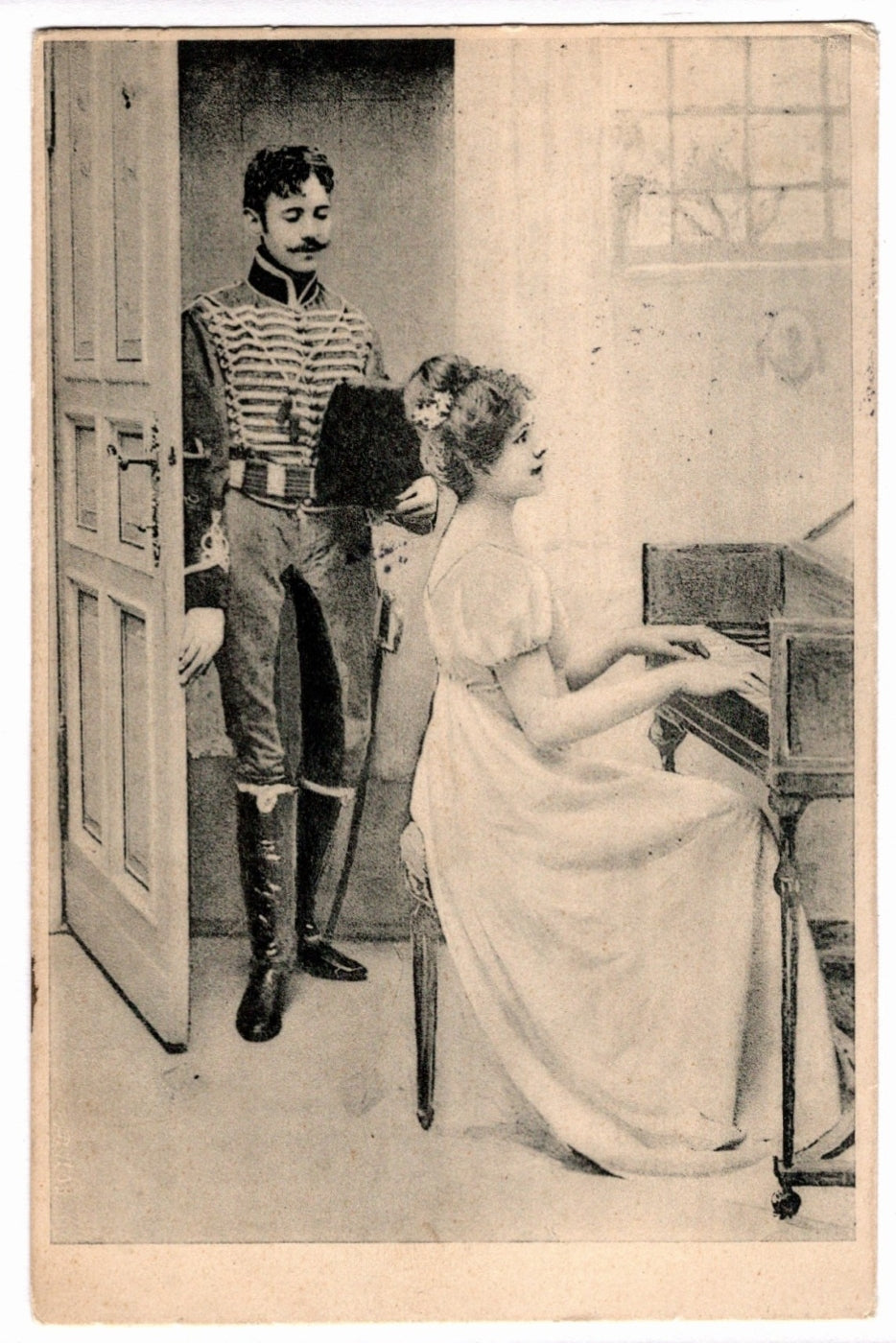 1907 Hussar and Lady at the Piano Hungary Vintage Postcard.