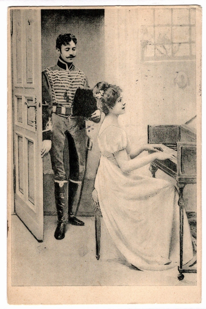 1907 Hussar and Lady at the Piano Hungary Vintage Postcard.