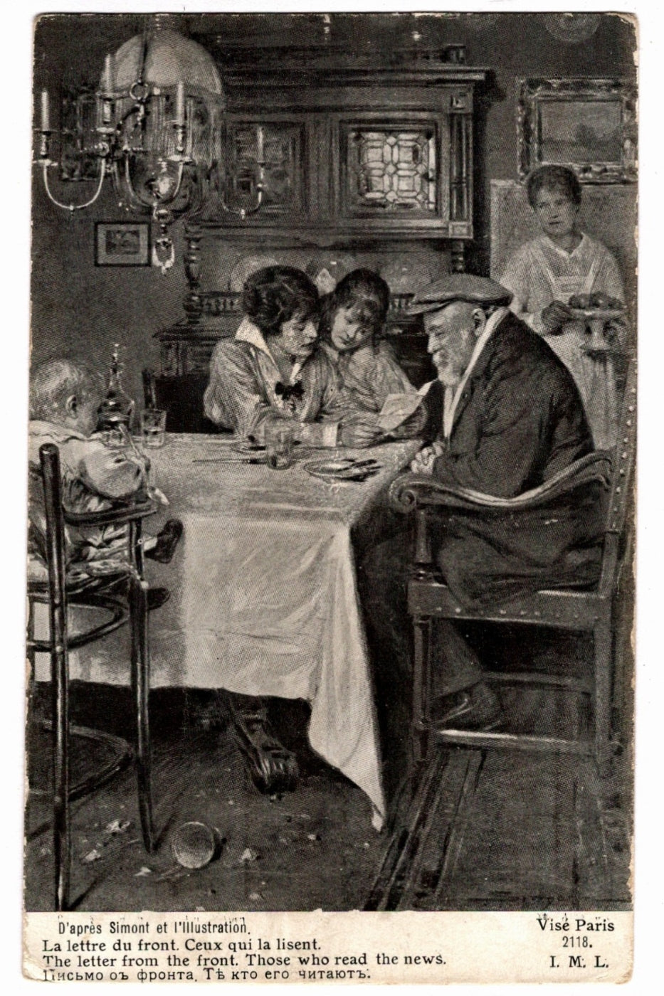 1915 Letter from the Front WWI Family Scene Vintage Art Postcard.