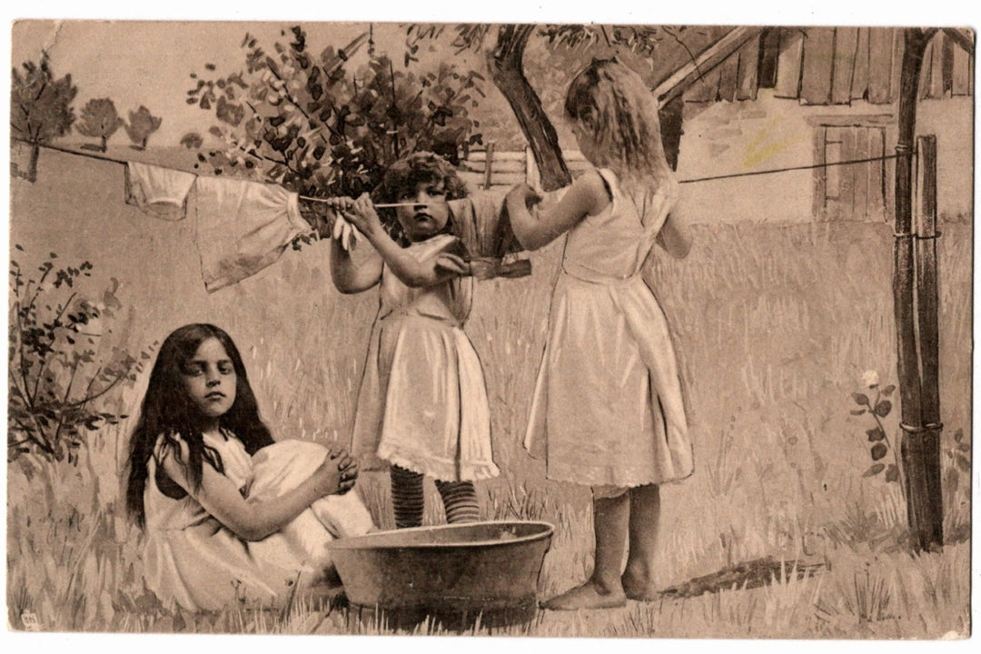 1903 The Little Laundry Girls by Walter Firle Vintage Art Postcard.
