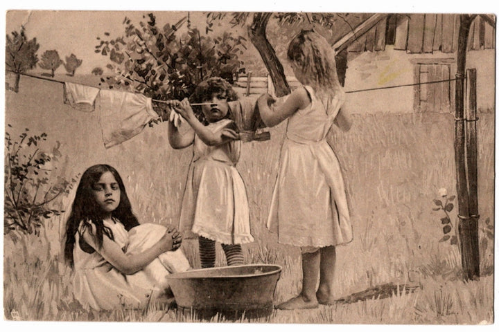 1903 The Little Laundry Girls by Walter Firle Vintage Art Postcard.
