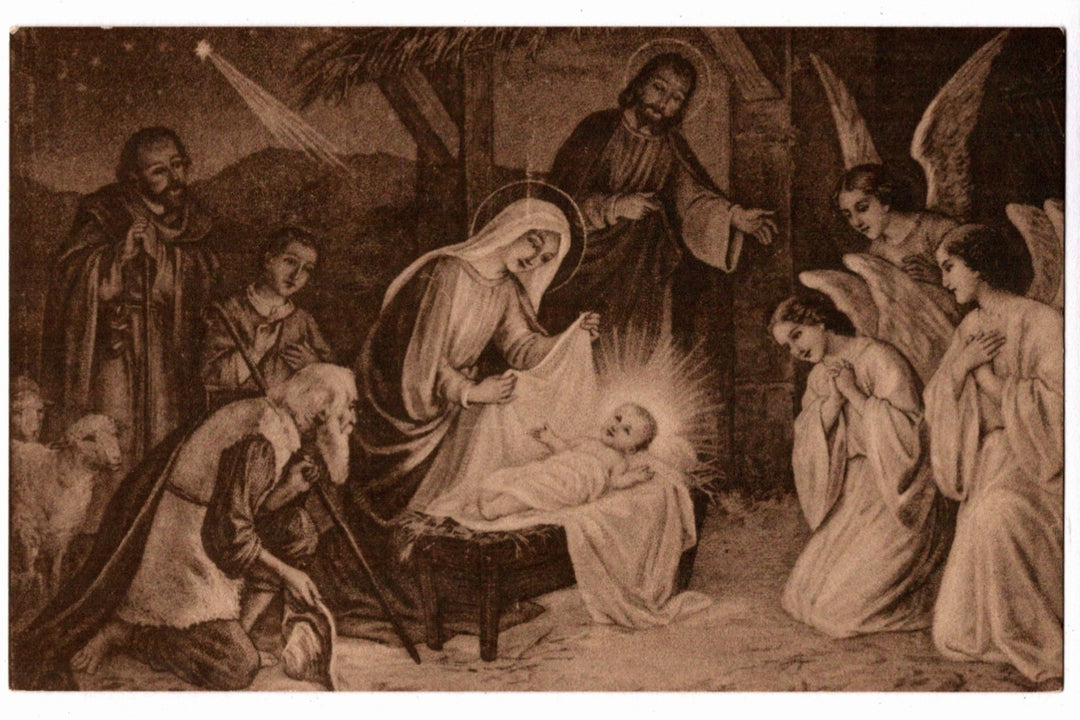 Nativity scene with Mary, Joseph, and baby Jesus surrounded by angels and shepherds. 900s Nativity Scene by Jan Ladislaw Sýkora Vintage Art Postcard.
