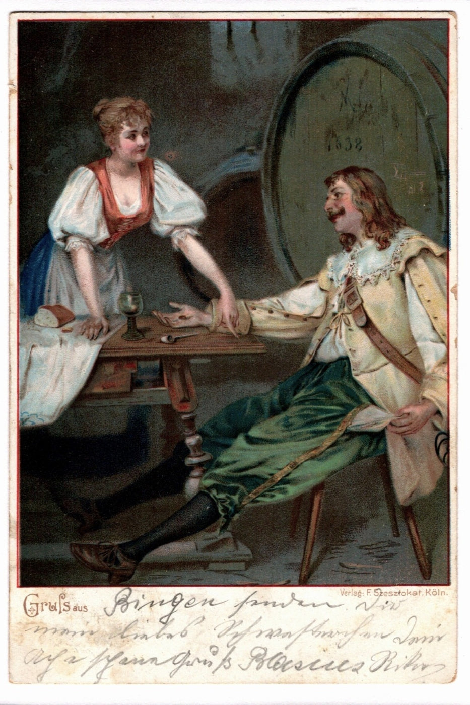 1899 Gruss Aus Bingen German Tavern Scene Vintage Art Postcard