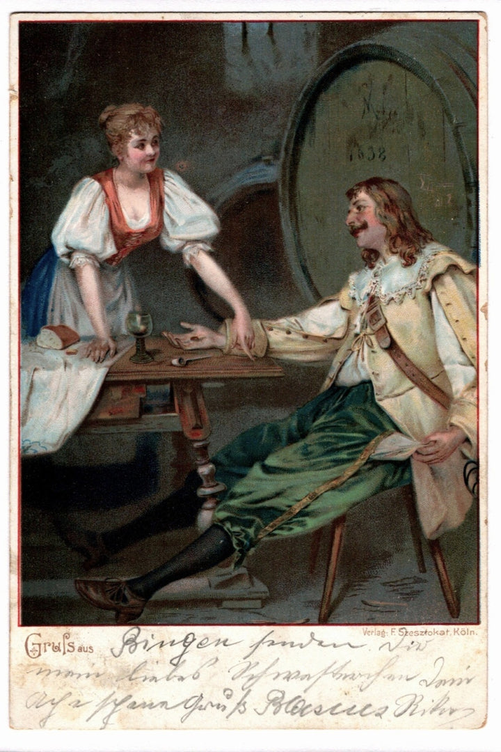 1899 Gruss Aus Bingen German Tavern Scene Vintage Art Postcard