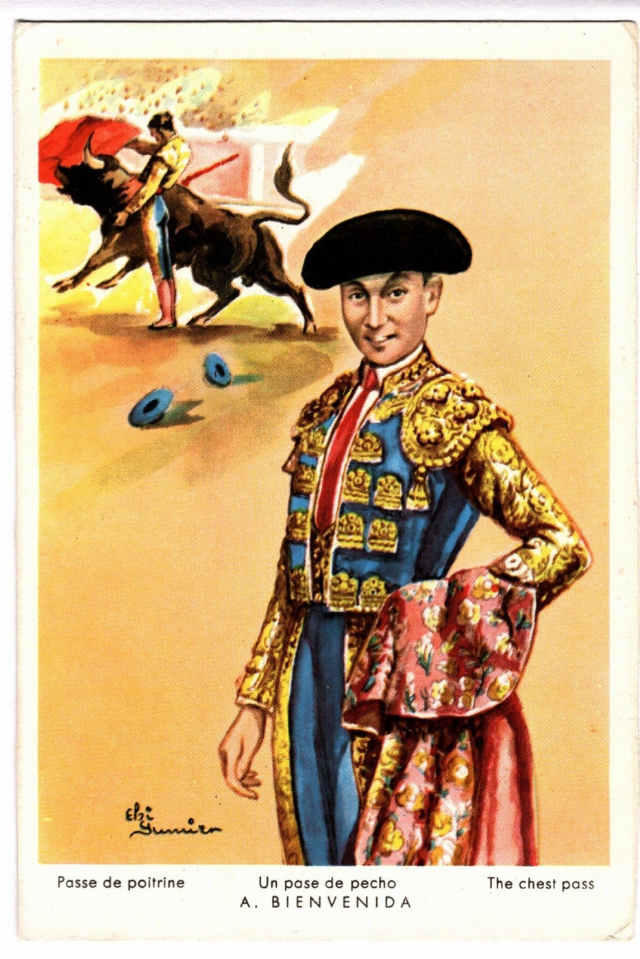 1950s Bullfighting Illustration of Antonio Bienvenida Vintage Postcard. Illustration of a matador in traditional costume with a bull in the background