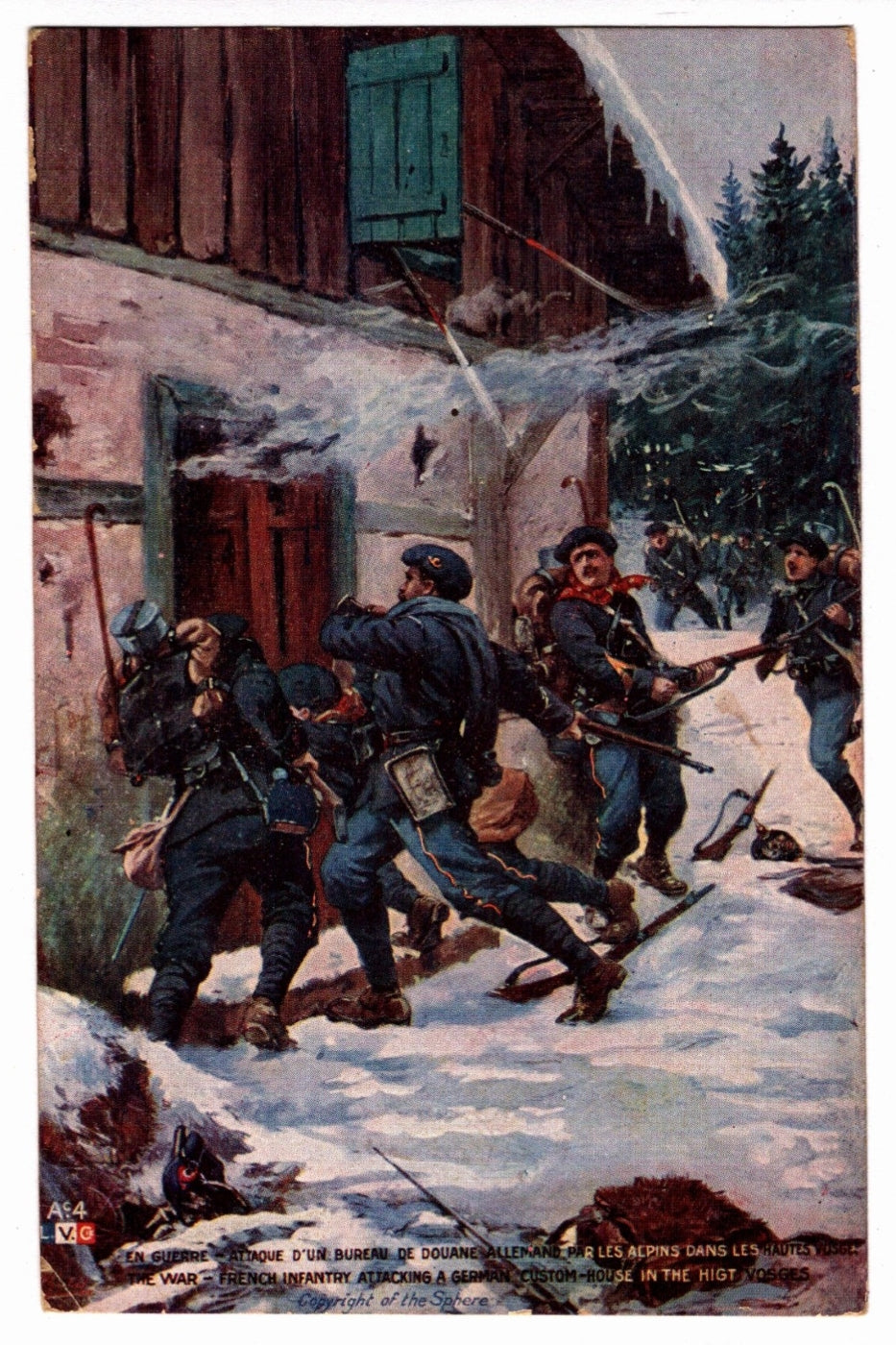 Illustration of soldiers in a snowy village scene with a building and trees in the background.  1914 WWI French Infantry Attack Custom-House Vintage Art Postcard.
