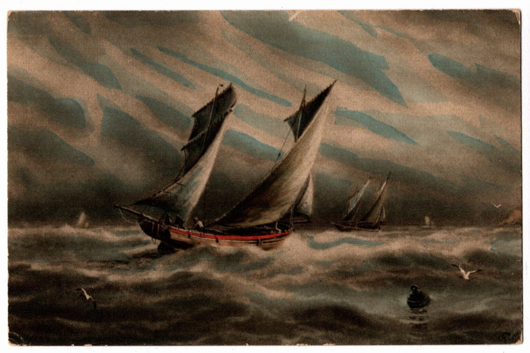 Vintage painting of sailboats on a stormy sea. 1912 Dramatic Maritime Storm Scene Vintage Art Postcard