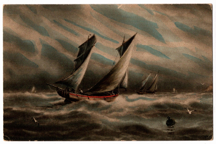 Vintage painting of sailboats on a stormy sea. 1912 Dramatic Maritime Storm Scene Vintage Art Postcard