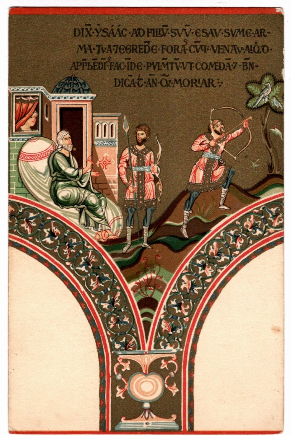 Decorative illustration with two figures and a third figure in the background, set against a detailed architectural background. 1925 Isaac Sends Esau to Hunt Monreale Cathedral Vintage Art Postcard.