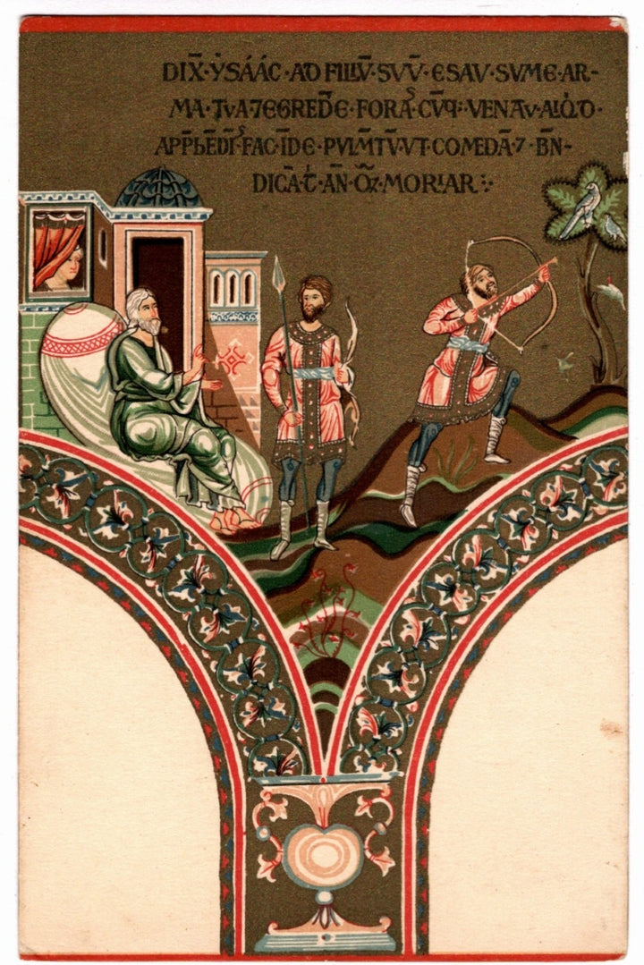 Decorative illustration with two figures and a third figure in the background, set against a detailed architectural background. 1925 Isaac Sends Esau to Hunt Monreale Cathedral Vintage Art Postcard.