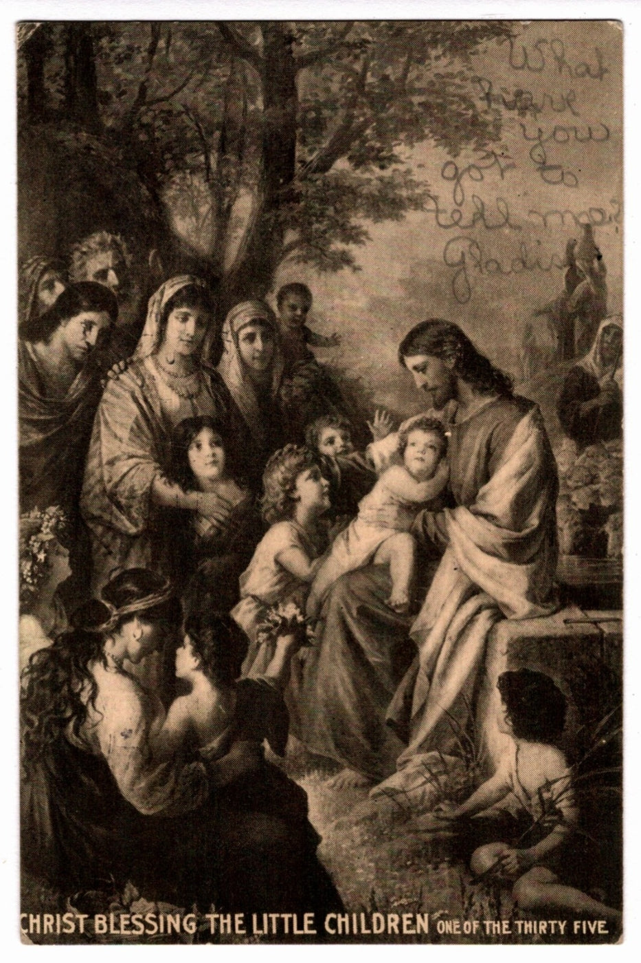 Vintage illustration of Christ blessing children with text at the bottom. 1910 Christ Blessing the Little Children by Plockhorst Vintage Art Postcard.