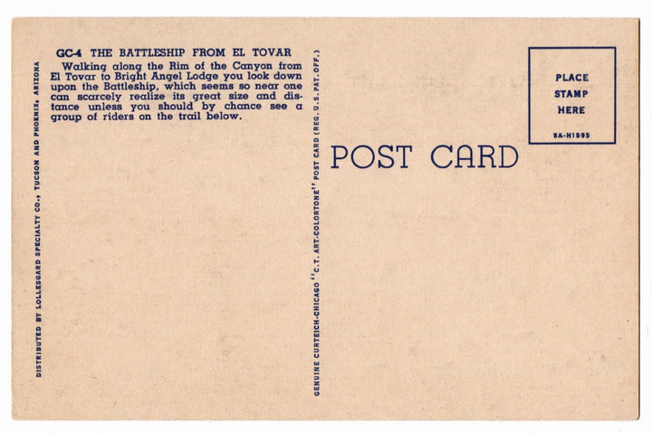 1938 "The Battleship" Grand Canyon National Park Arizona Vintage Postcard