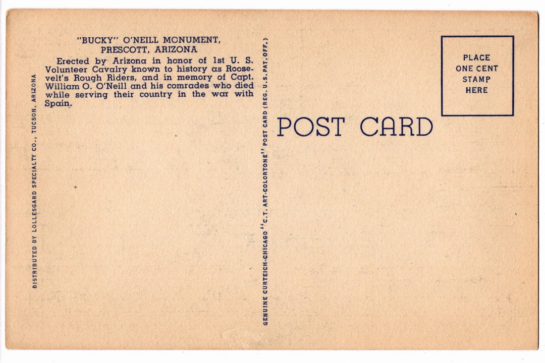 1944 Bucky O'Neill Monument Prescott Arizona Vintage Postcard