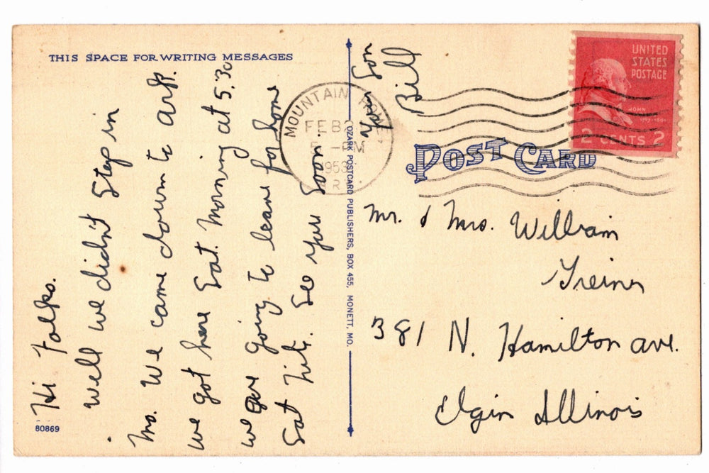 Vintage postcard with handwritten text and a red stamp, addressed to Mr. & Mrs. William Treins.