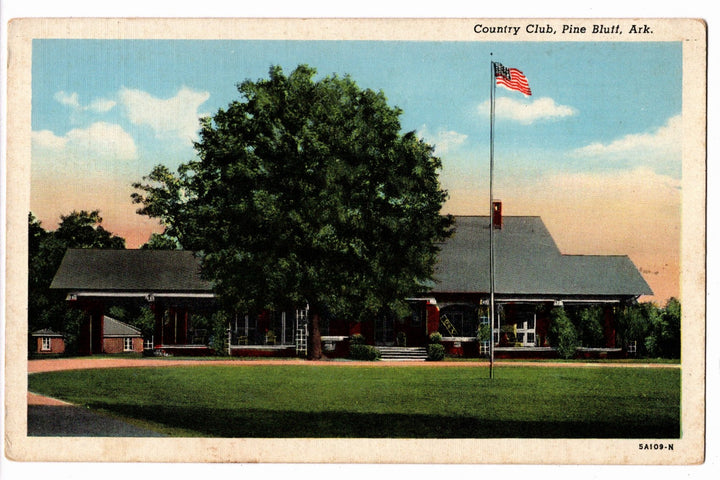 Vintage postcard of a Country Club building with an American flag in Pine Bluff, Ark.