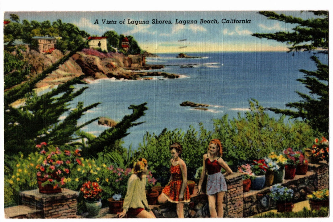 1941 Women at Laguna Shores Beach CA Postcard.