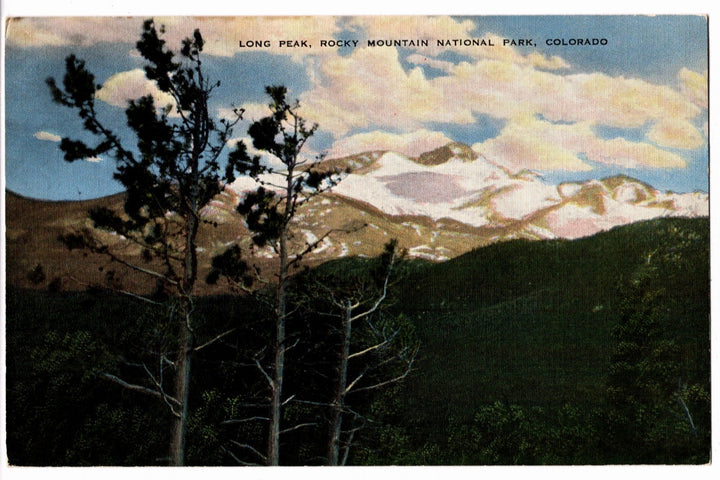 Vintage postcard of Long Peak in Rocky Mountain National Park, Colorado with trees and mountains.