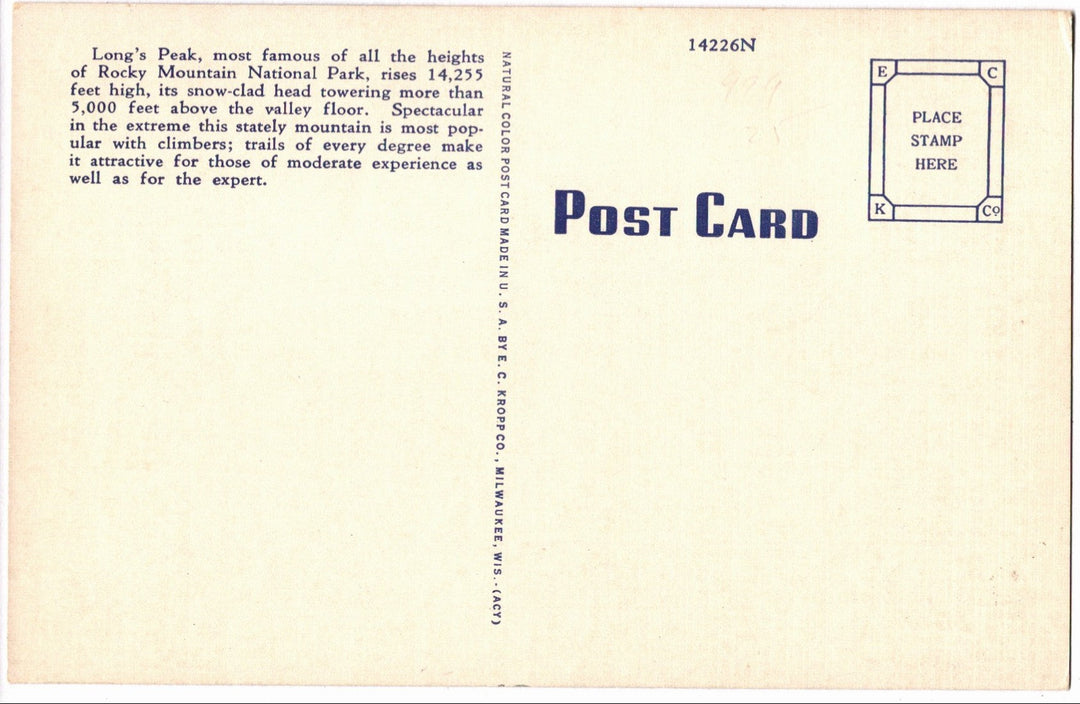 1942 Longs Peak Rocky Mountain National Park Colorado Vintage Postcard