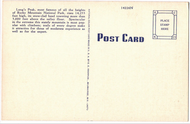 1942 Longs Peak Rocky Mountain National Park Colorado Vintage Postcard