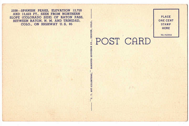 1939 Spanish Peaks Colorado Vintage Postcard, Raton Pass Roadside Americana