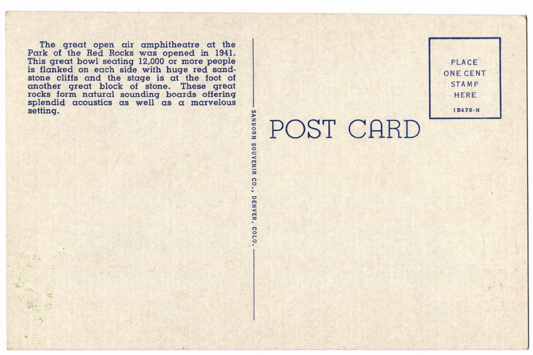 1941 Red Rocks Park,Theatre Park Denver Colorado Vintage Postcard
