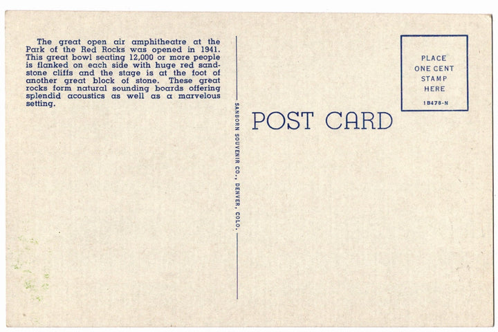 1941 Red Rocks Park,Theatre Park Denver Colorado Vintage Postcard