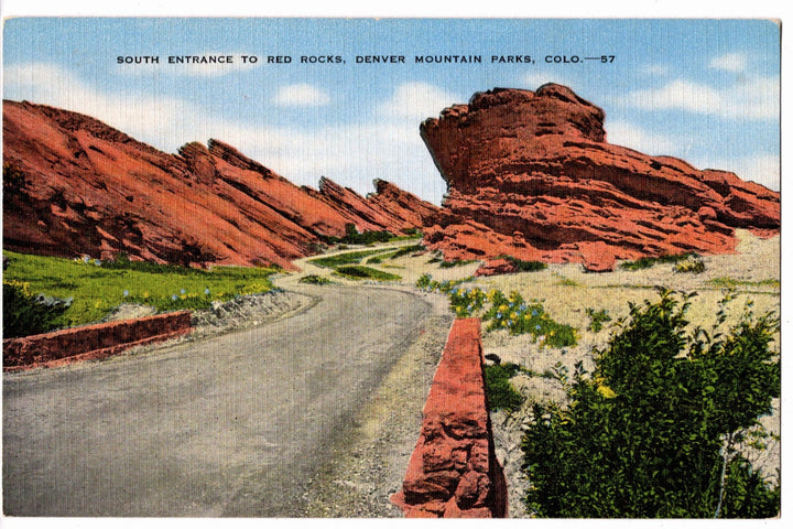Vintage postcard of Red Rocks entrance in Denver Mountain Parks, Colorado.