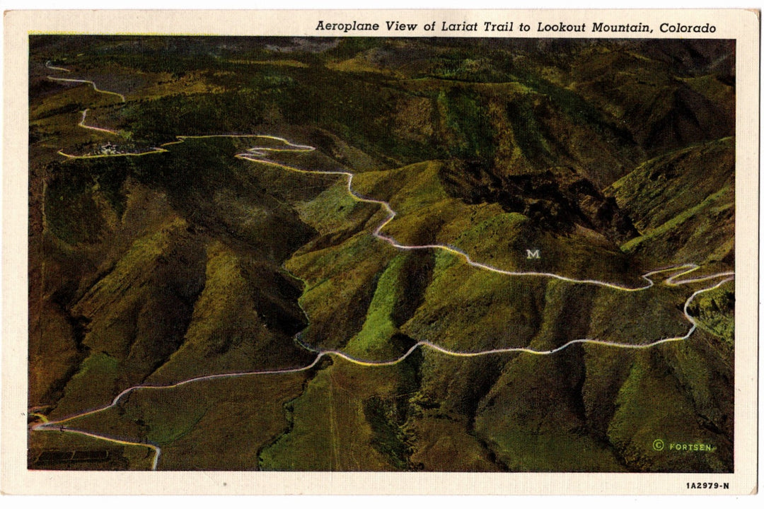 Aerial view of Lariat Trail to Lookout Mountain, Colorado on a vintage postcard.