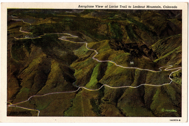 Aerial view of Lariat Trail to Lookout Mountain, Colorado on a vintage postcard.