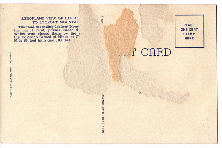 1931 Lariat Trail to Lookout Mountain Colorado Vintage Postcard, Aerial View
