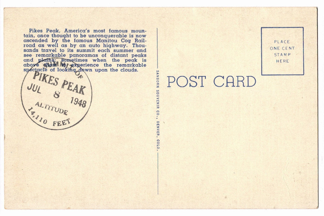 1947/8 Cog Railroad to the Top of Pikes Peak Colorado Vintage Postcard