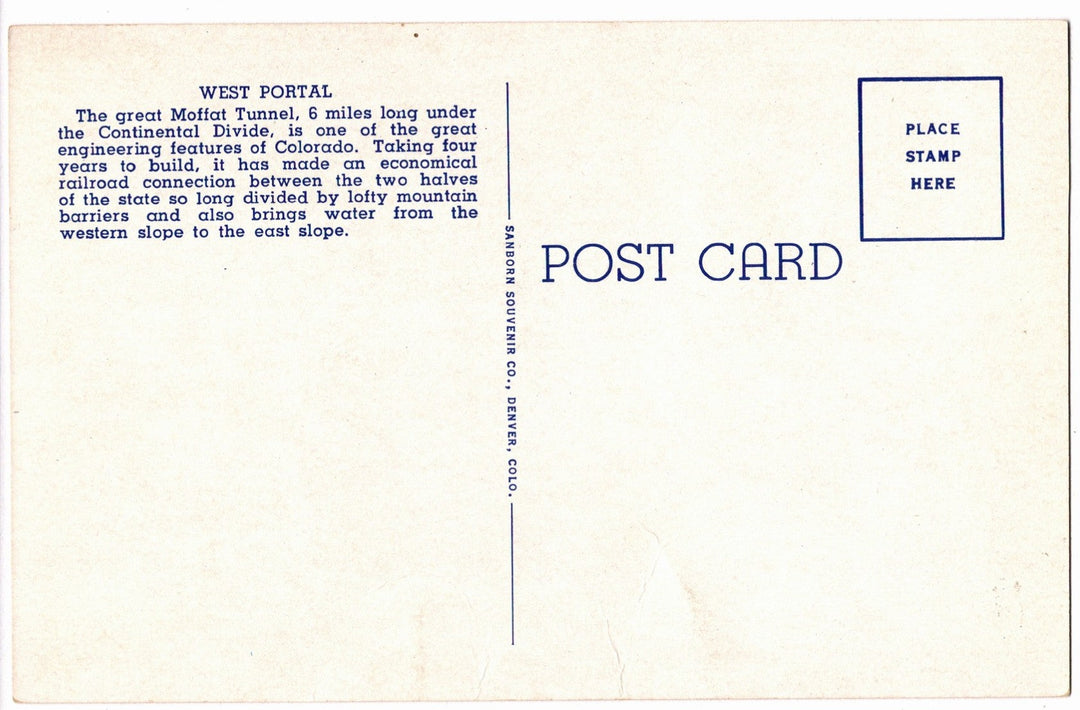 1937 Moffat Tunnel Middle Park Colorado Vintage Postcard