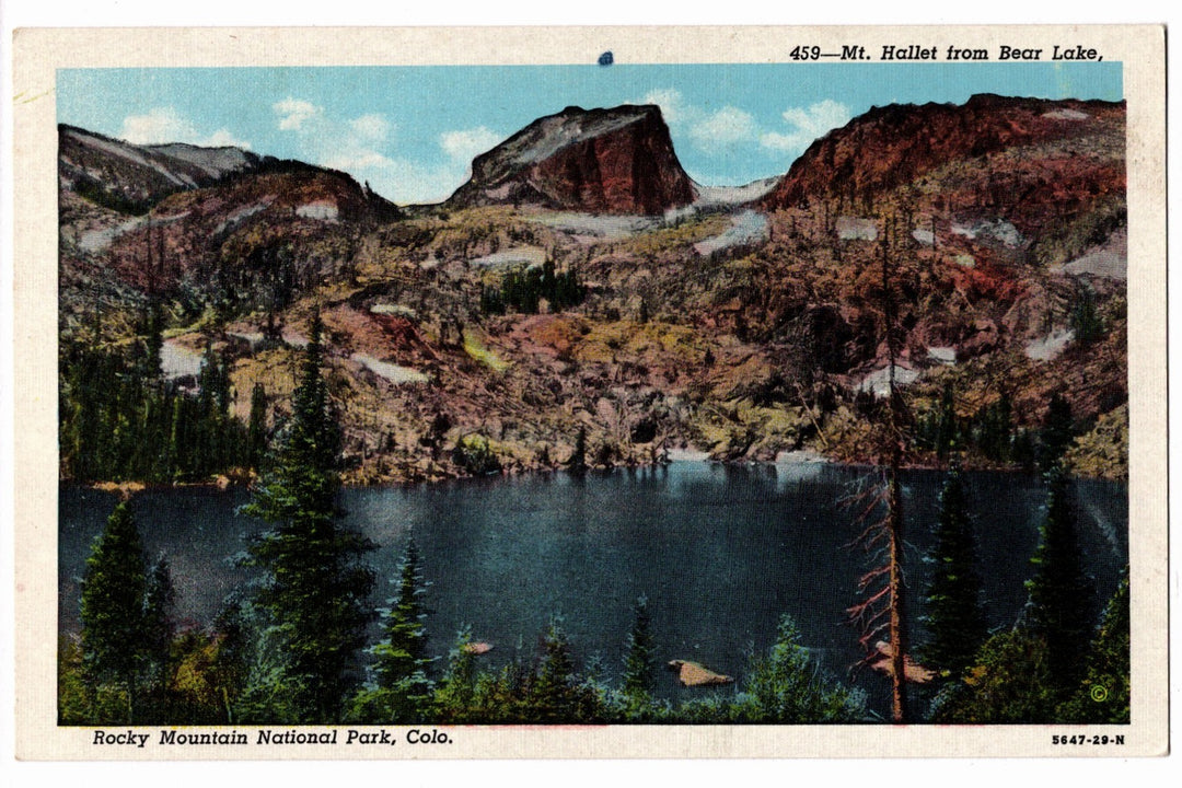 Vintage postcard of a mountain landscape with a lake and trees, labeled 'Mt. Hallett from Bear Lake, Rocky Mountain National Park, Colo.