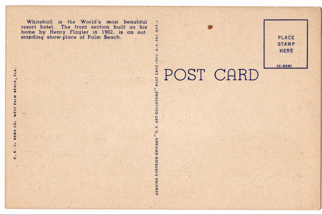 1951 Whitehall Hotel Palm Beach Florida Vintage Postcard