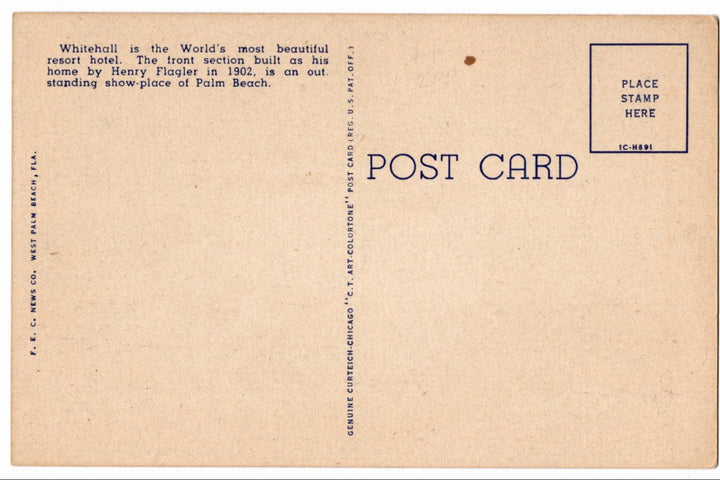 1951 Whitehall Hotel Palm Beach Florida Vintage Postcard