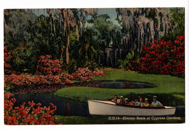 1940 Electric Boats at Cypress Gardens Florida Vintage Postcard.