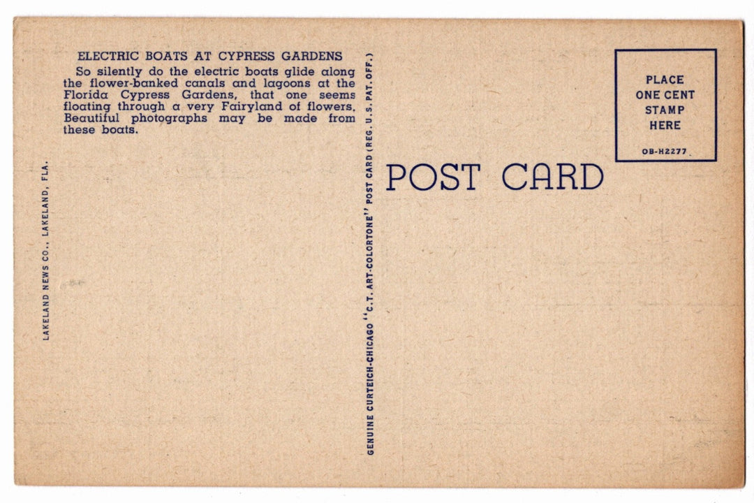 1940 Electric Boat Tour at Cypress Gardens Florida Vintage Postcard