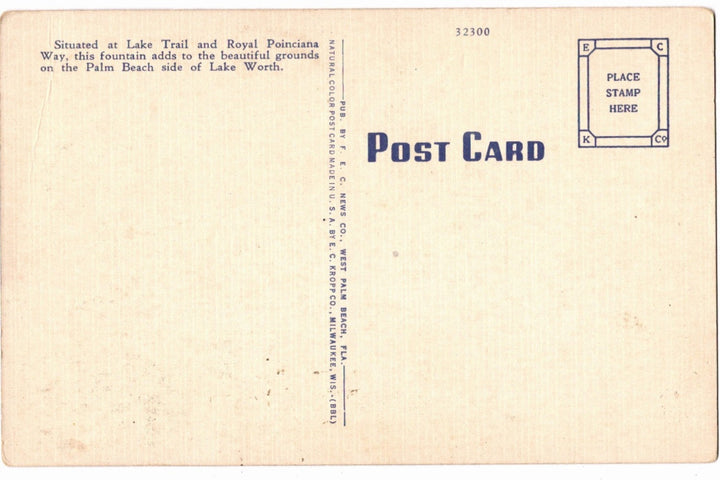 1940 Memorial Fountain Palm Beach Florida Vintage Postcard